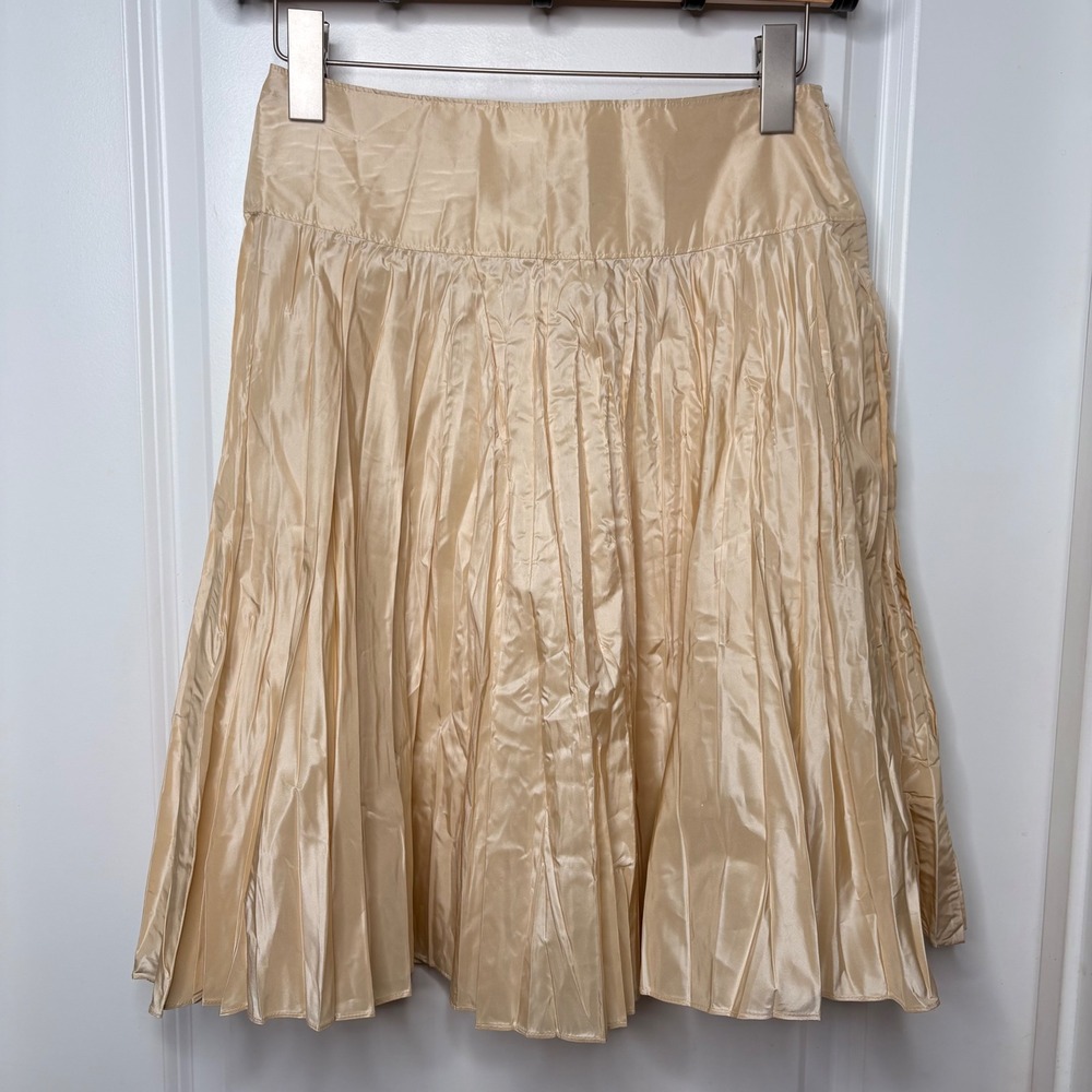 Banana Republic Champagne Gold 100% Silk Pleated Midi Skirt Drop Waist Women's 0